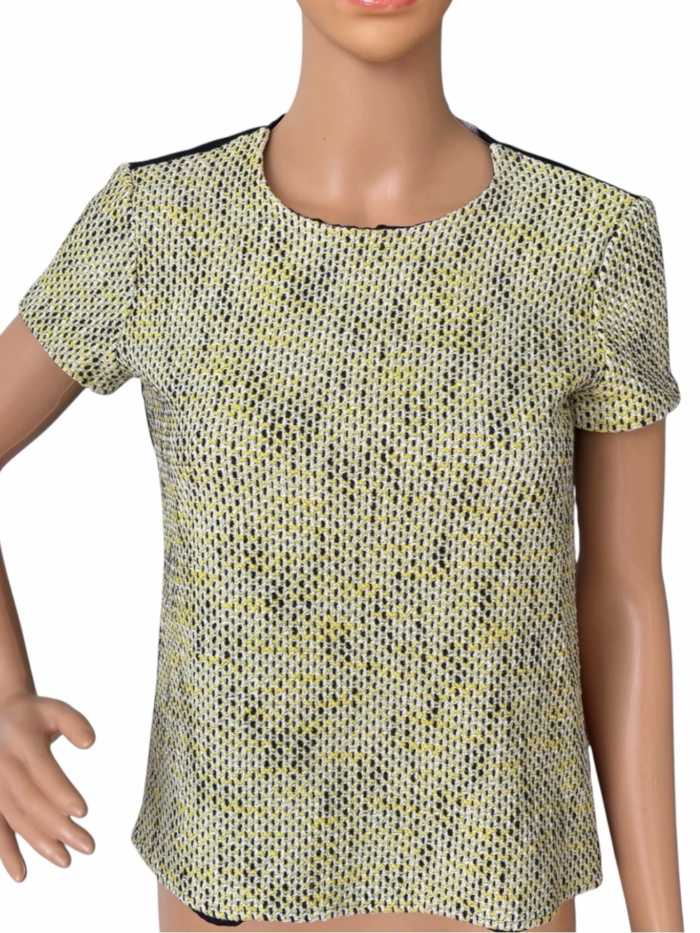 Banana Republic Women's Tweed Top XS Black Yellow Short Sleeve Keyhole Back Trim
